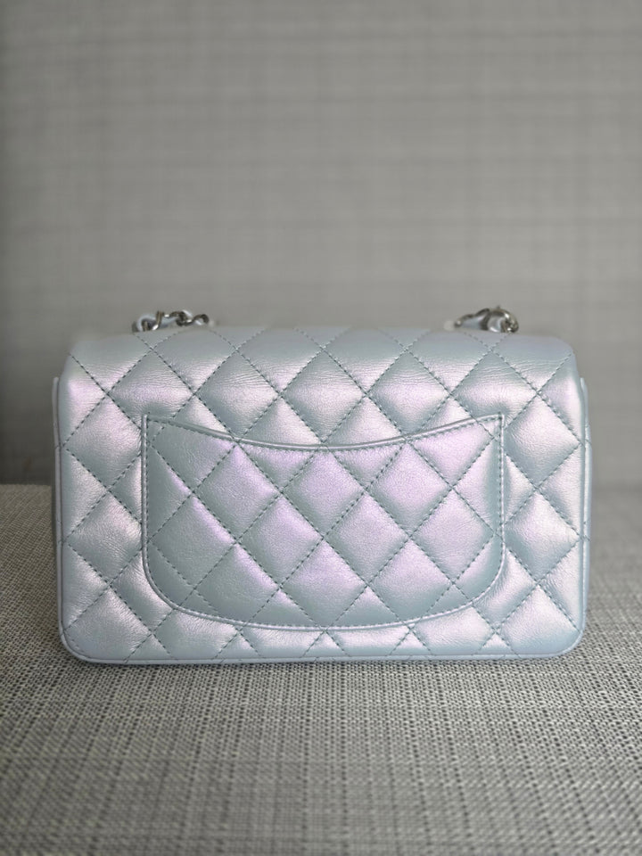 Chanel 21K collection 2021 Iridescent Light Blue Calf skin SHW Mini Rectangular Flap Bag