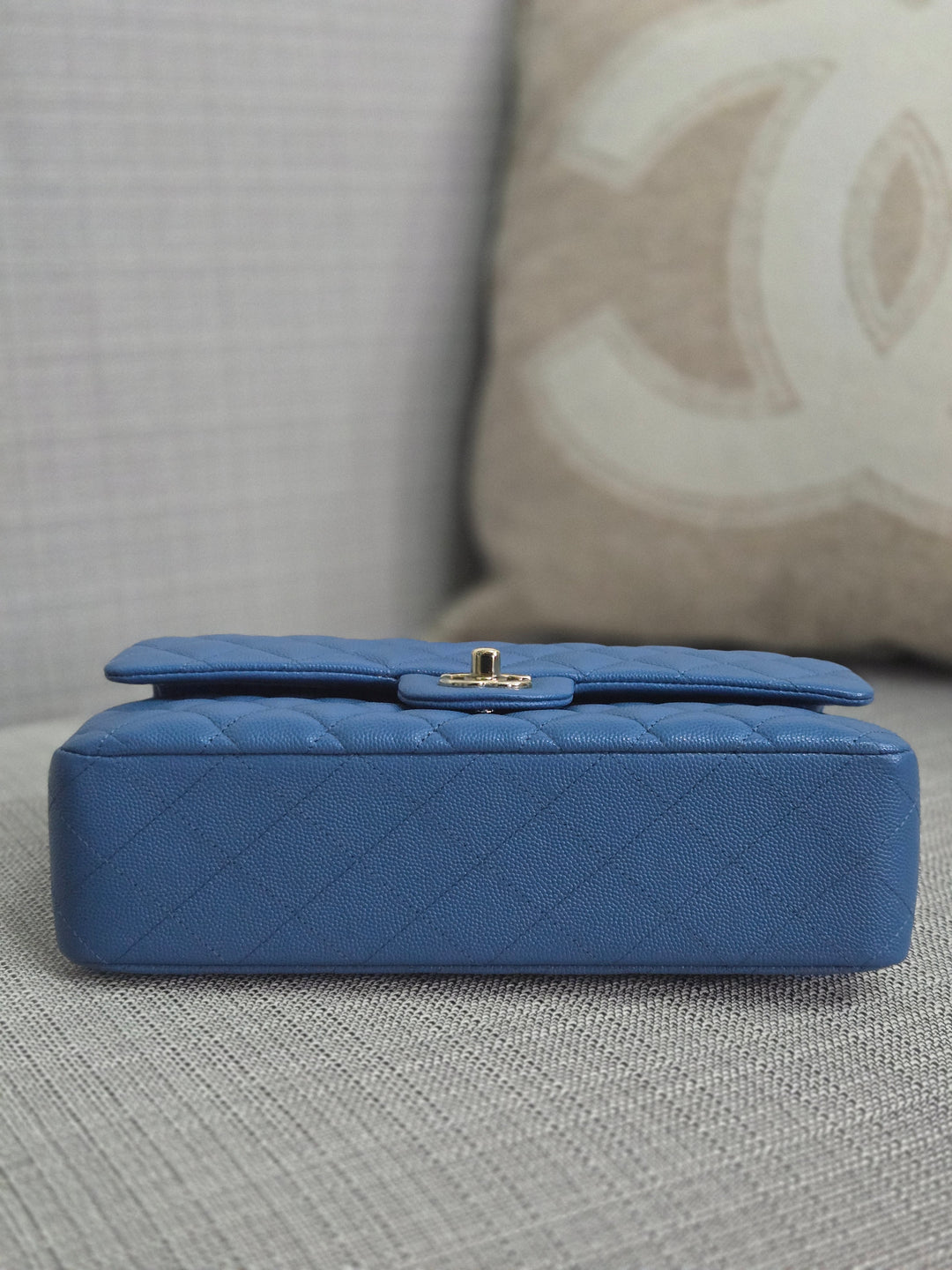 Chanel Series 30 Blue Caviar Medium Timeless Classic Double Flap Bag with Champagne GHW