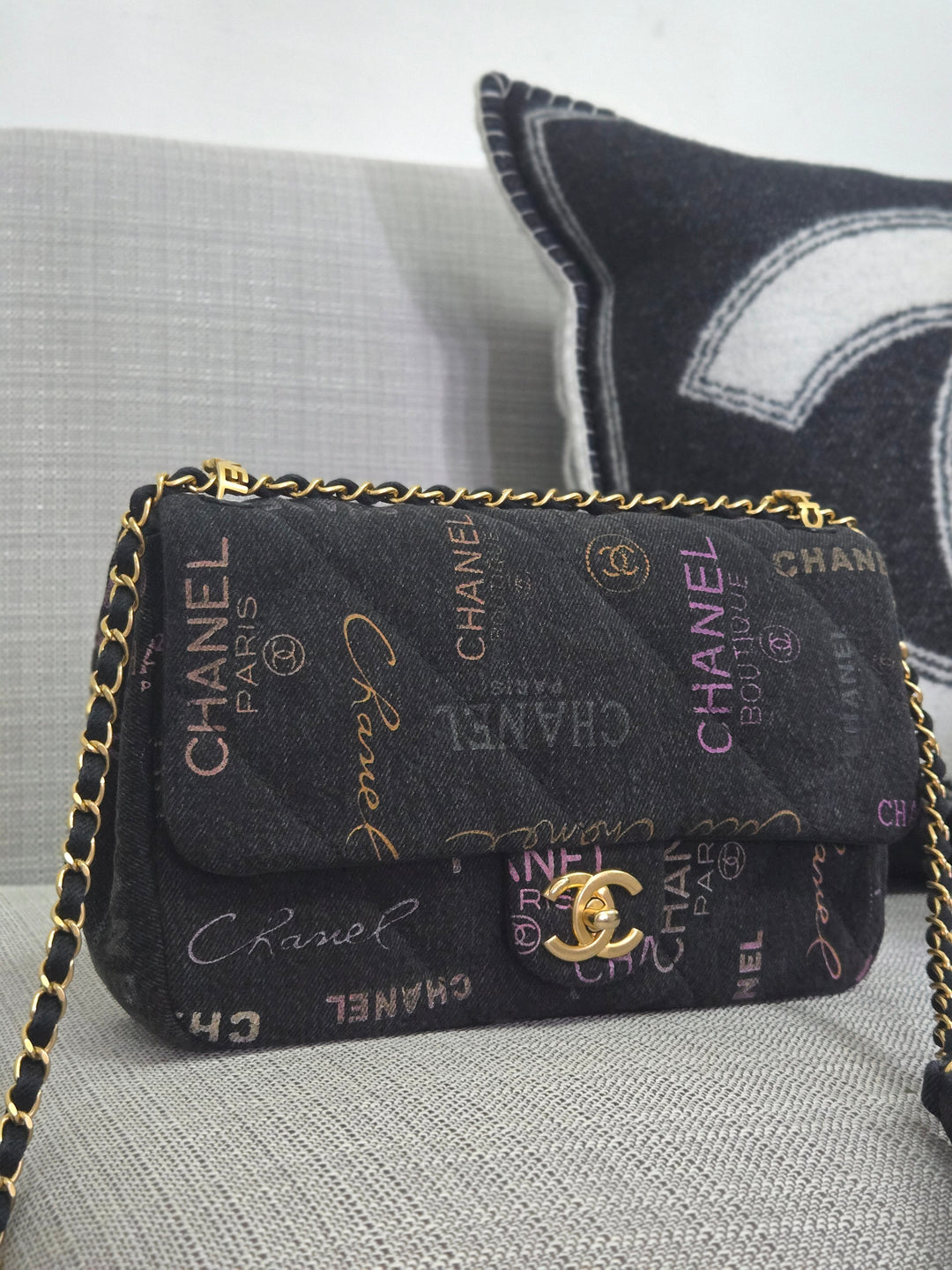 Chanel 22P collection Black Denim Mood Flap Bag with Aged GHW size Medium (25 cms)