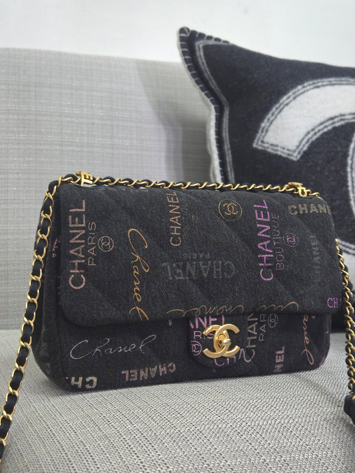 Chanel 22P collection Black Denim Mood Flap Bag with Aged GHW size Medium (25 cms)