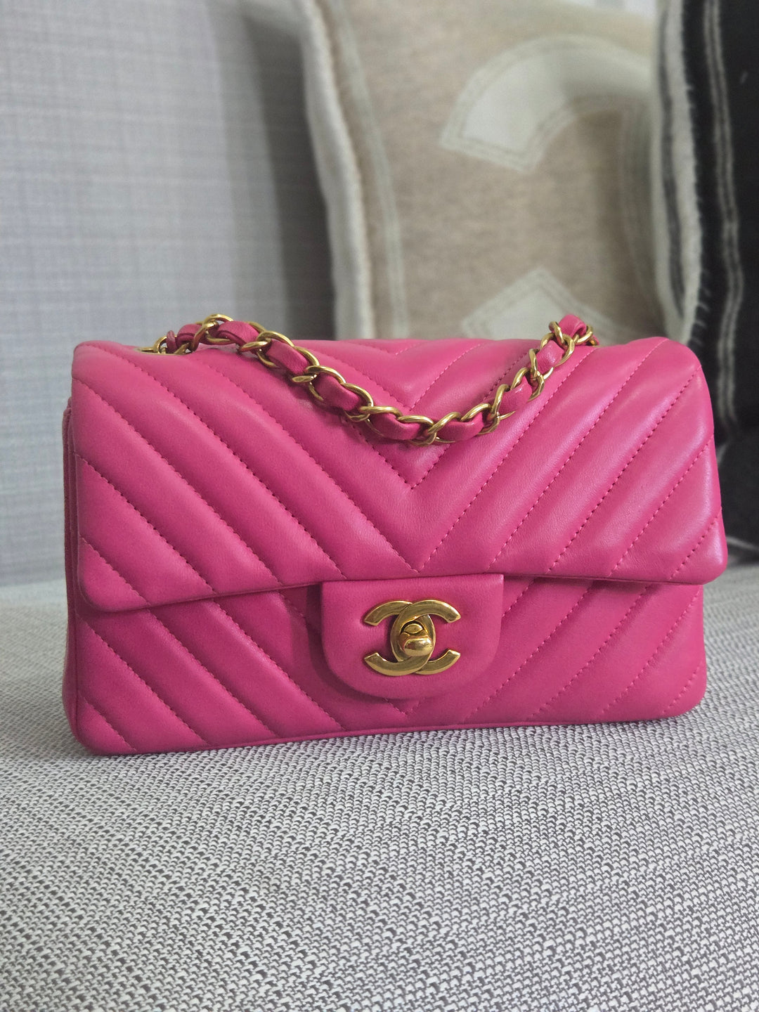Chanel series 21 Barbie Pink Lambskin Chevron Mini Rectangular Flap Bag with Yellow GHW