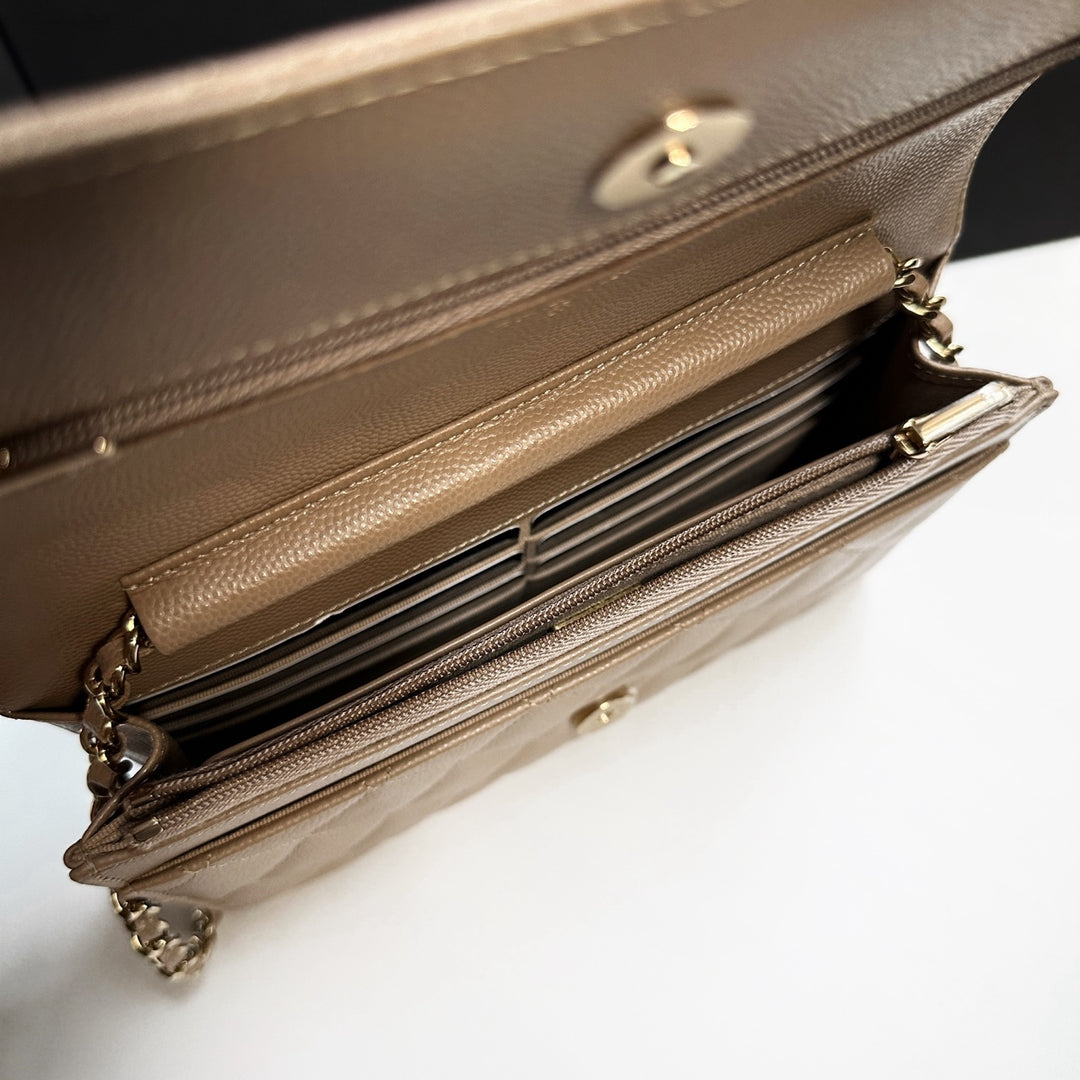 CHANEL 22A collection 2022 Dark Beige Caviar LGHW Classic Wallet On Chain (WOC)