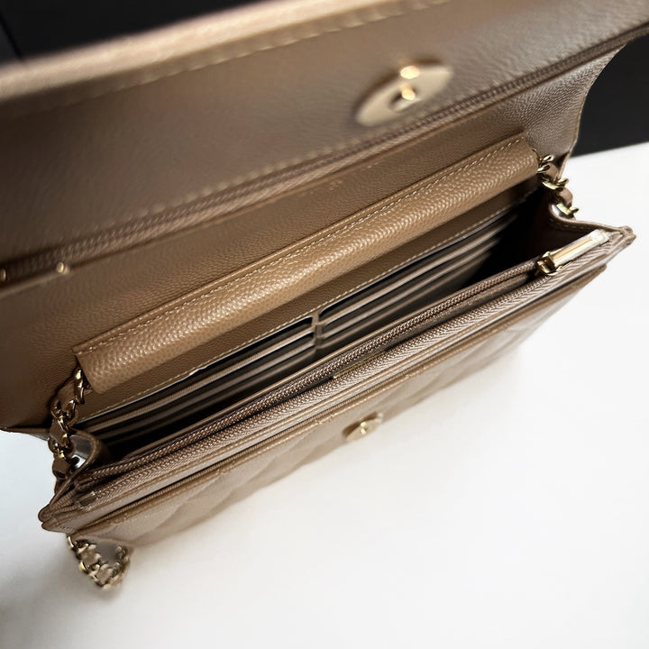 CHANEL 22A collection 2022 Dark Beige Caviar LGHW Classic Wallet On Chain (WOC)