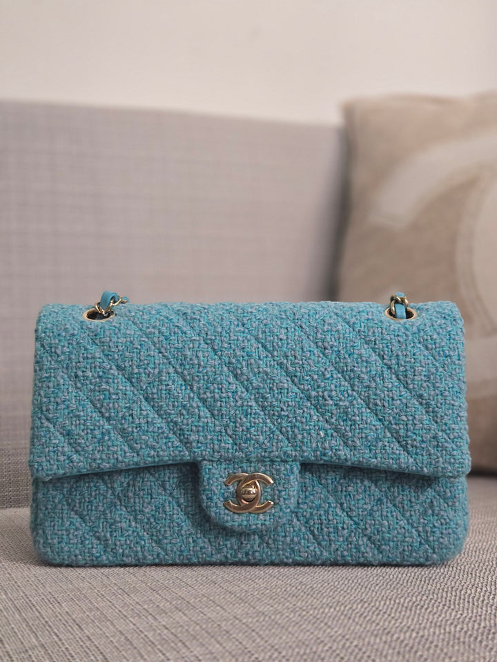 Chanel 22B 2022 Fall/Winter Collection Turquoise Blue Tweed Medium ML Timeless Classic Double Flap Bag with Champagne GHW