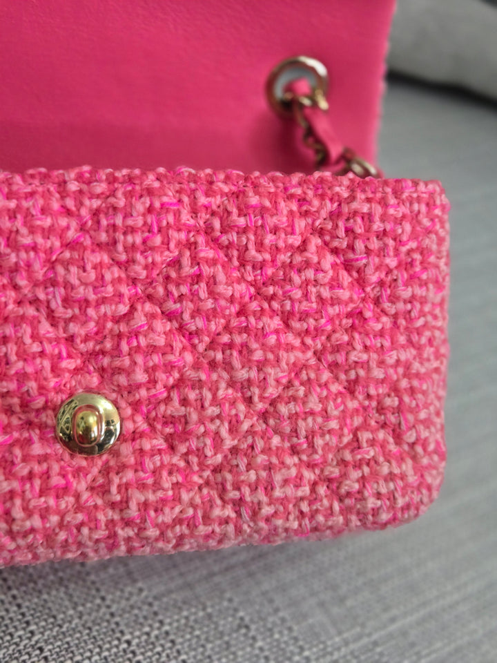 Chanel 22B 2022 Fall/Winter Fuchsia/Light Pink/Dark Pink Tweed Mini Rectangular Flap Bag with Champagne GHW