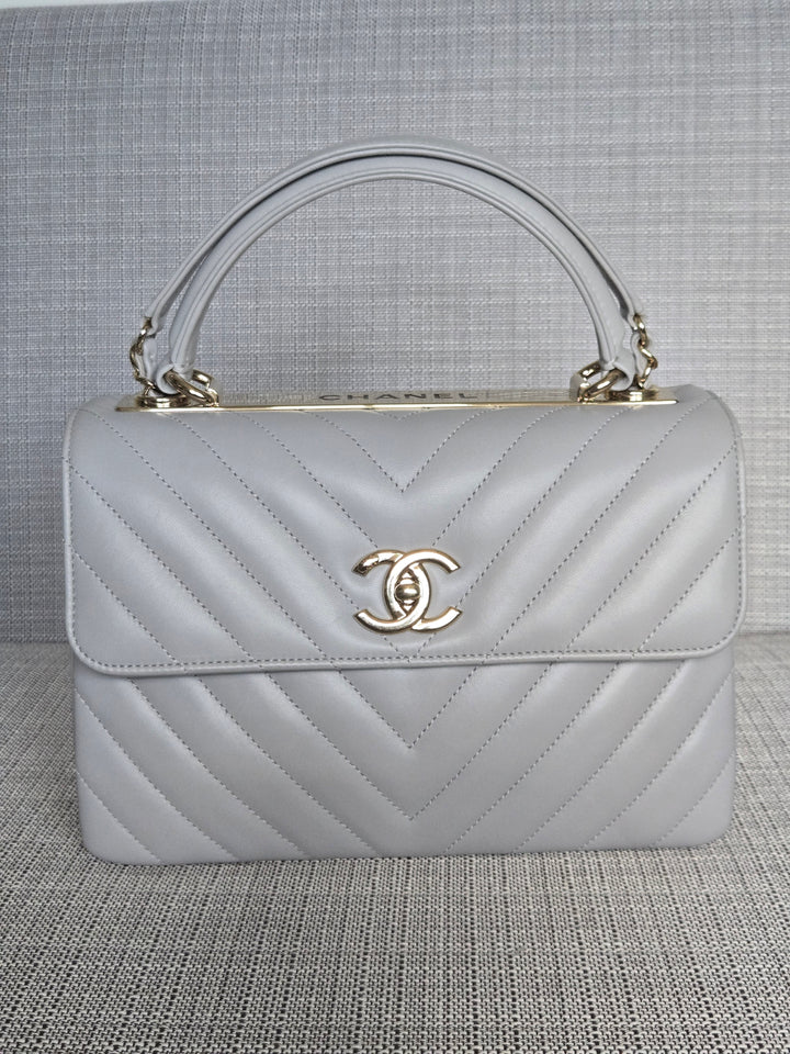 Chanel series 25 Grey Lambskin Chevron Trendy CC Top Handle Flap Bag Size Small with Champagne GHW and Detachable Shoulder strap