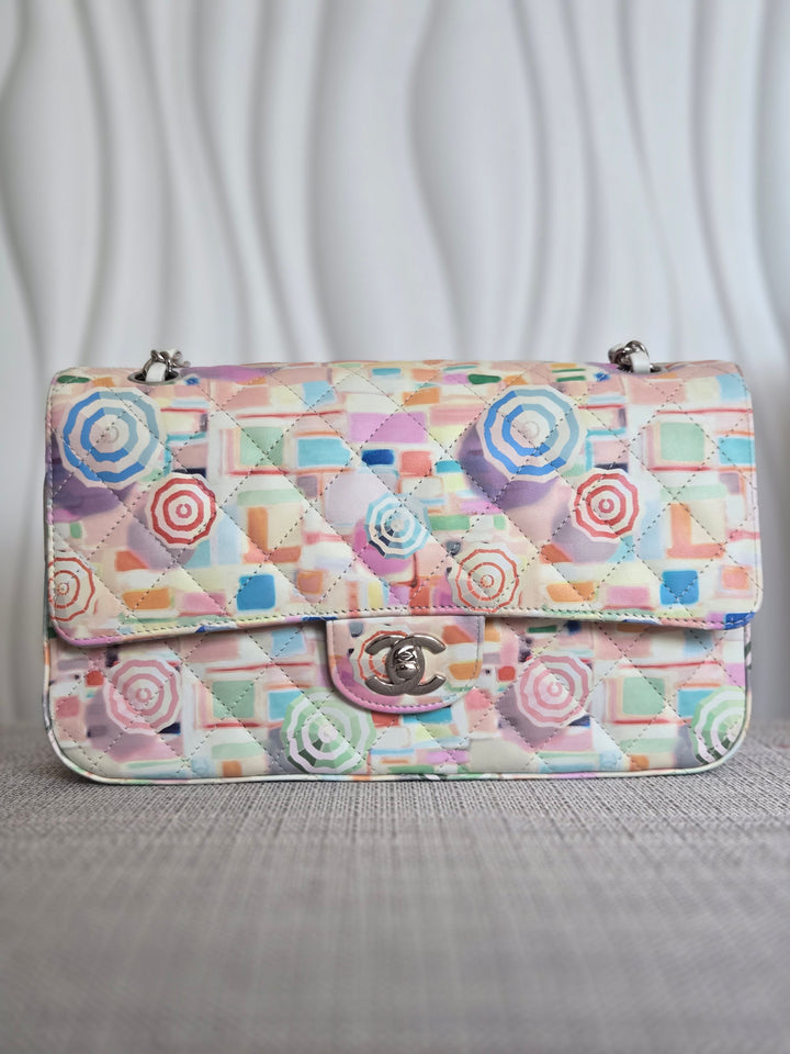 CHANEL Multi Color Rainbow Umbrella print calf skin SHW Medium Classic Double Flap Bag