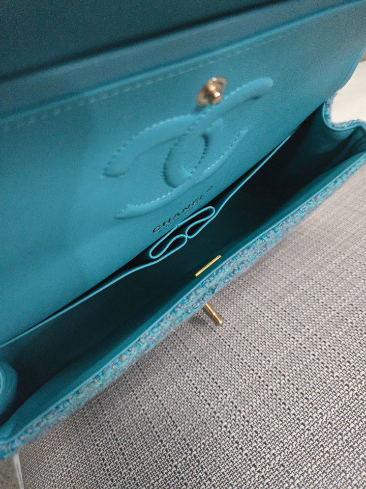 Chanel 22B 2022 Fall/Winter Collection Turquoise Blue Tweed Medium ML Timeless Classic Double Flap Bag with Champagne GHW