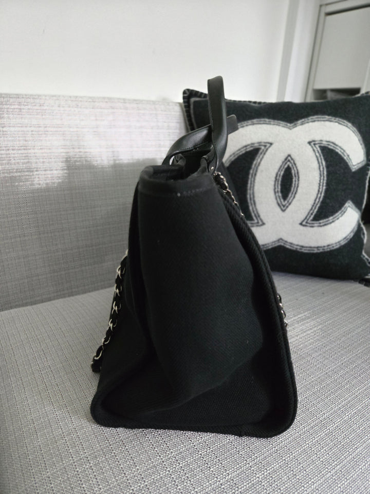 Chanel 20S 2020 Spring/Summer Collecion Black Canvas With Pearl Embossed Deauville Tote Bag with Leather Top Handle Size Medium/Large
