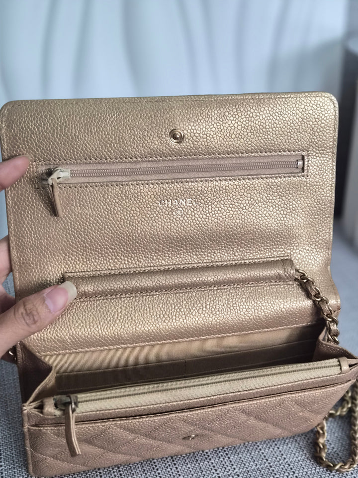CHANEL series 20 2015 15B collection Gold Caviar Aged GHW Classic Wallet On Chain (WOC)