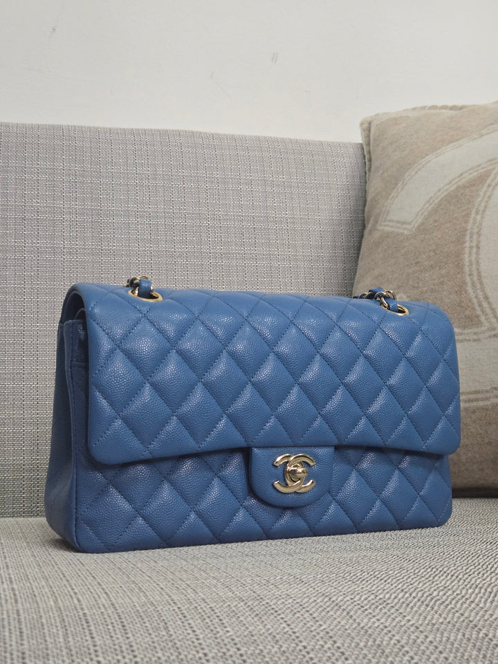 Chanel Series 30 Blue Caviar Medium Timeless Classic Double Flap Bag with Champagne GHW