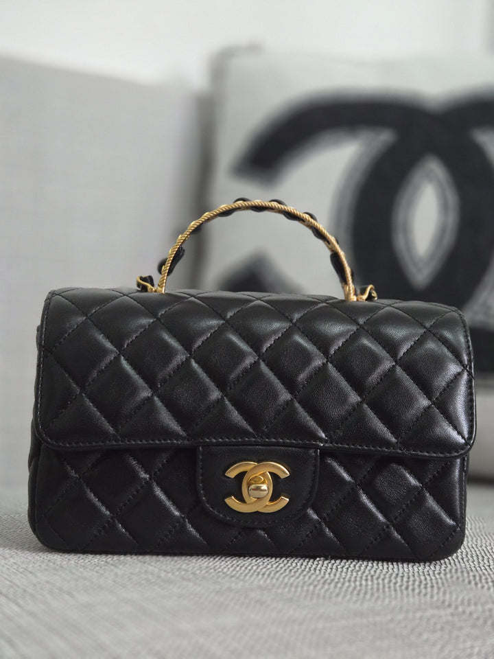 Chanel Black Lambskin Mini Rectangular Flap Bag with Top Handle GHW