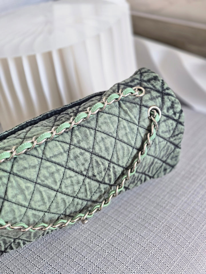 CHANEL Green Denimpression SHW size Jumbo Single Flap Bag
