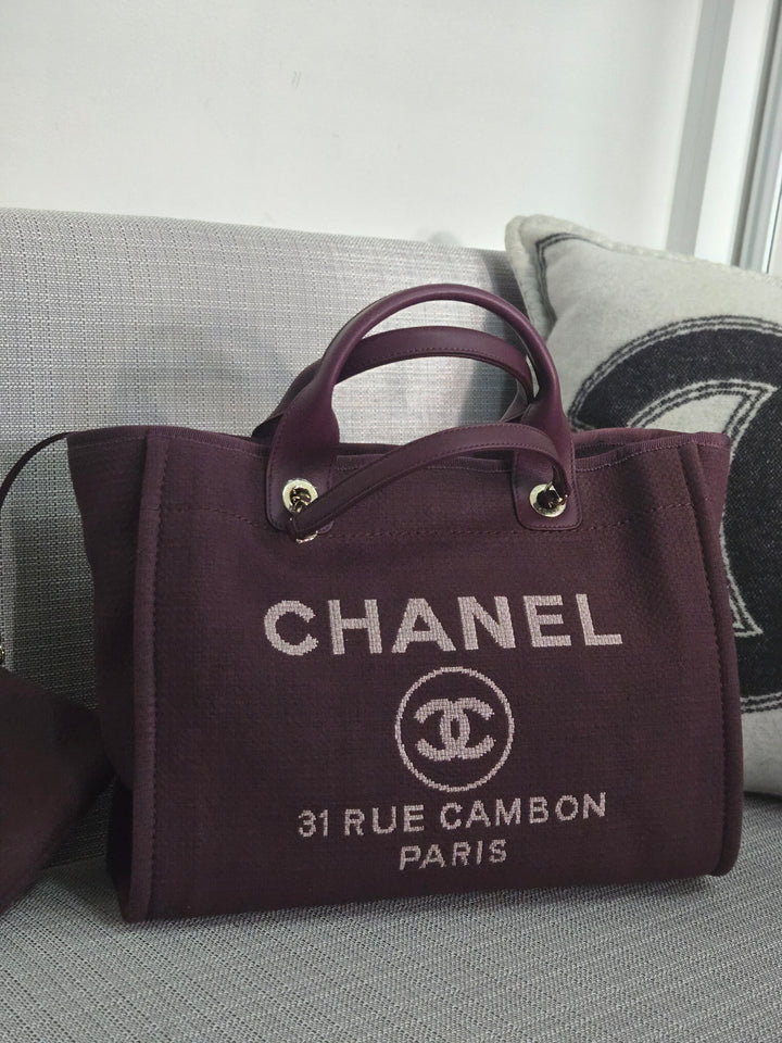 Chanel 24B 2024 Fall/Winter Collection Burgundy Tweed Deauville Tote with Leather top handle size small and Detachable pouch