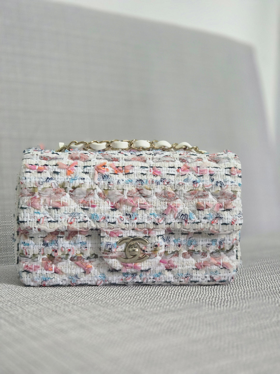 Chanel 23C 2022/2023 Cruise Collection Tweed Quilted Mini Rectangular Flap Bag in Ecru, Pink, Blue, and Green with Champagne GHW