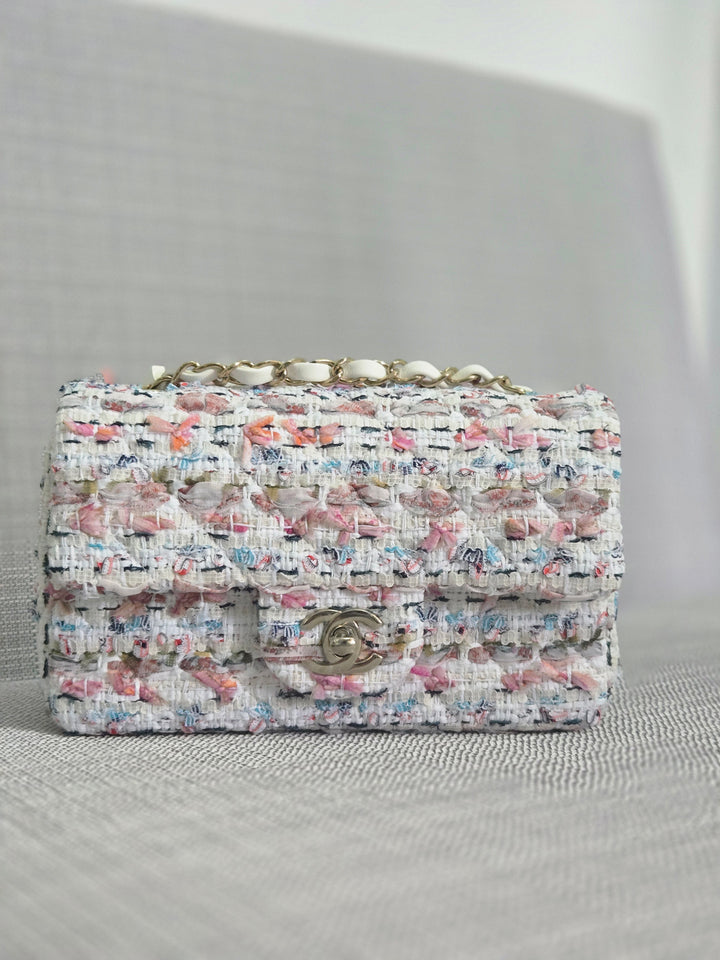 Chanel 23C 2022/2023 Cruise Collection Tweed Quilted Mini Rectangular Flap Bag in Ecru, Pink, Blue, and Green with Champagne GHW
