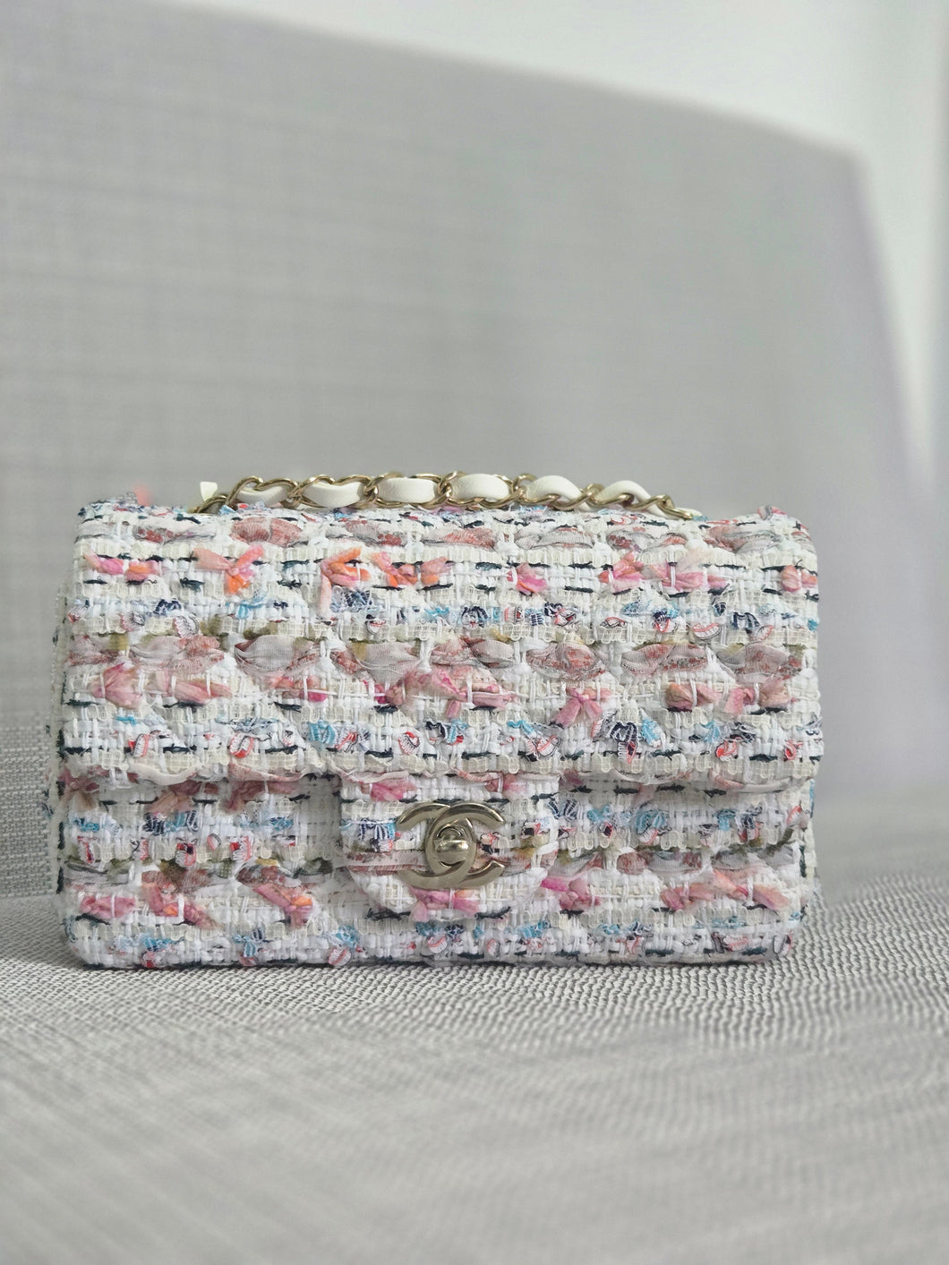 Chanel 23C 2022/2023 Cruise Collection Tweed Quilted Mini Rectangular Flap Bag in Ecru, Pink, Blue, and Green with Champagne GHW