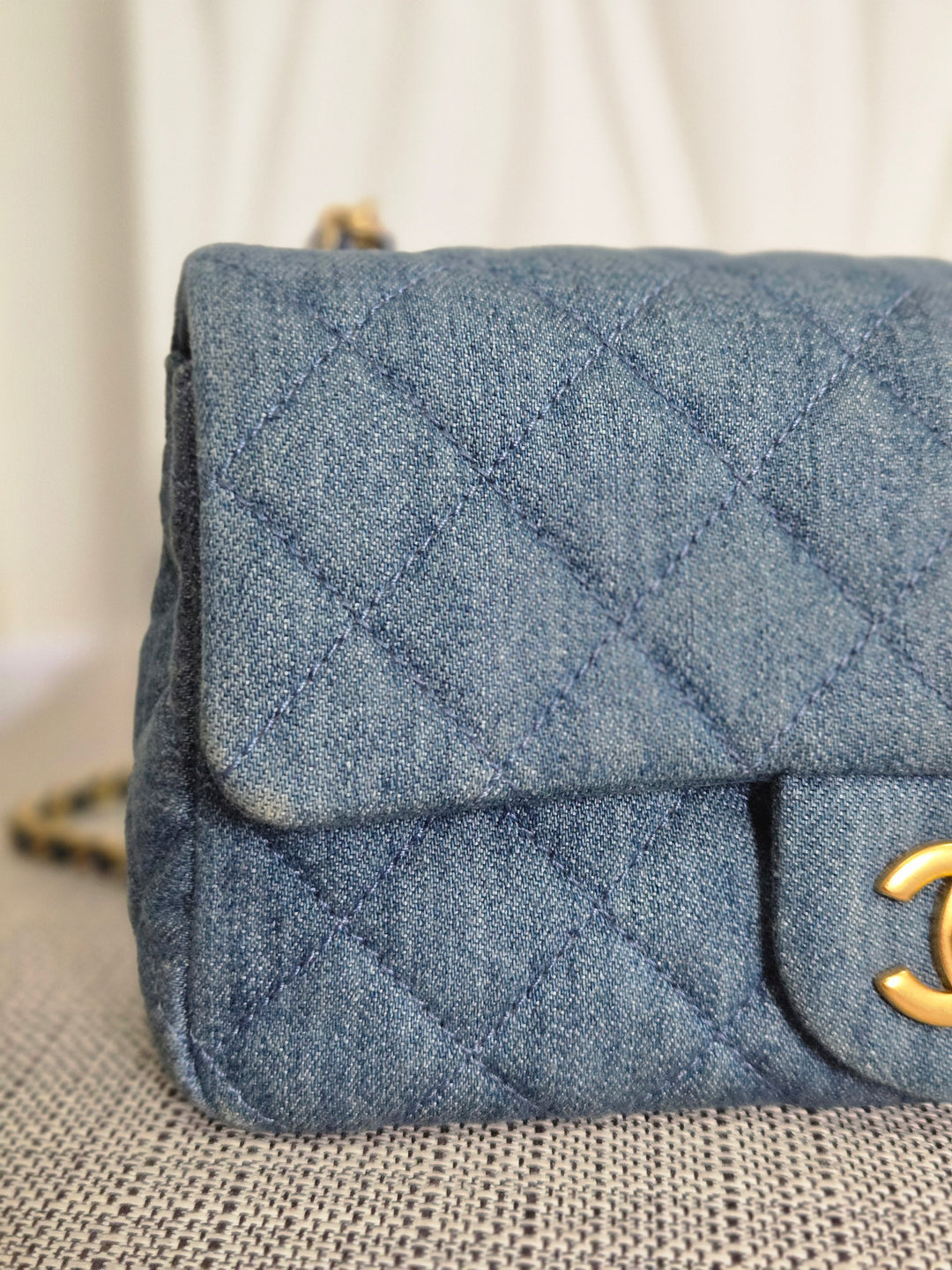 CHANEL 23C 2022/2023 Cruise collection Denim Pearl Crush Adjustable Chain Mini Rectangular Flap Bag with Aged GHW