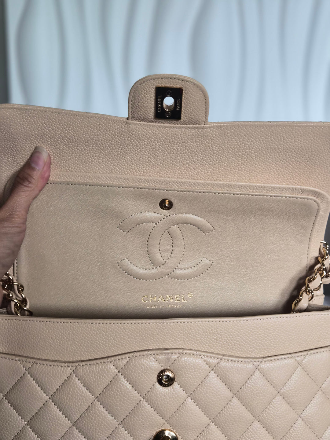 CHANEL series 15 2011/2012 Beige Clair Caviar GHW Medium ML Timeless Classic Double Flap Bag