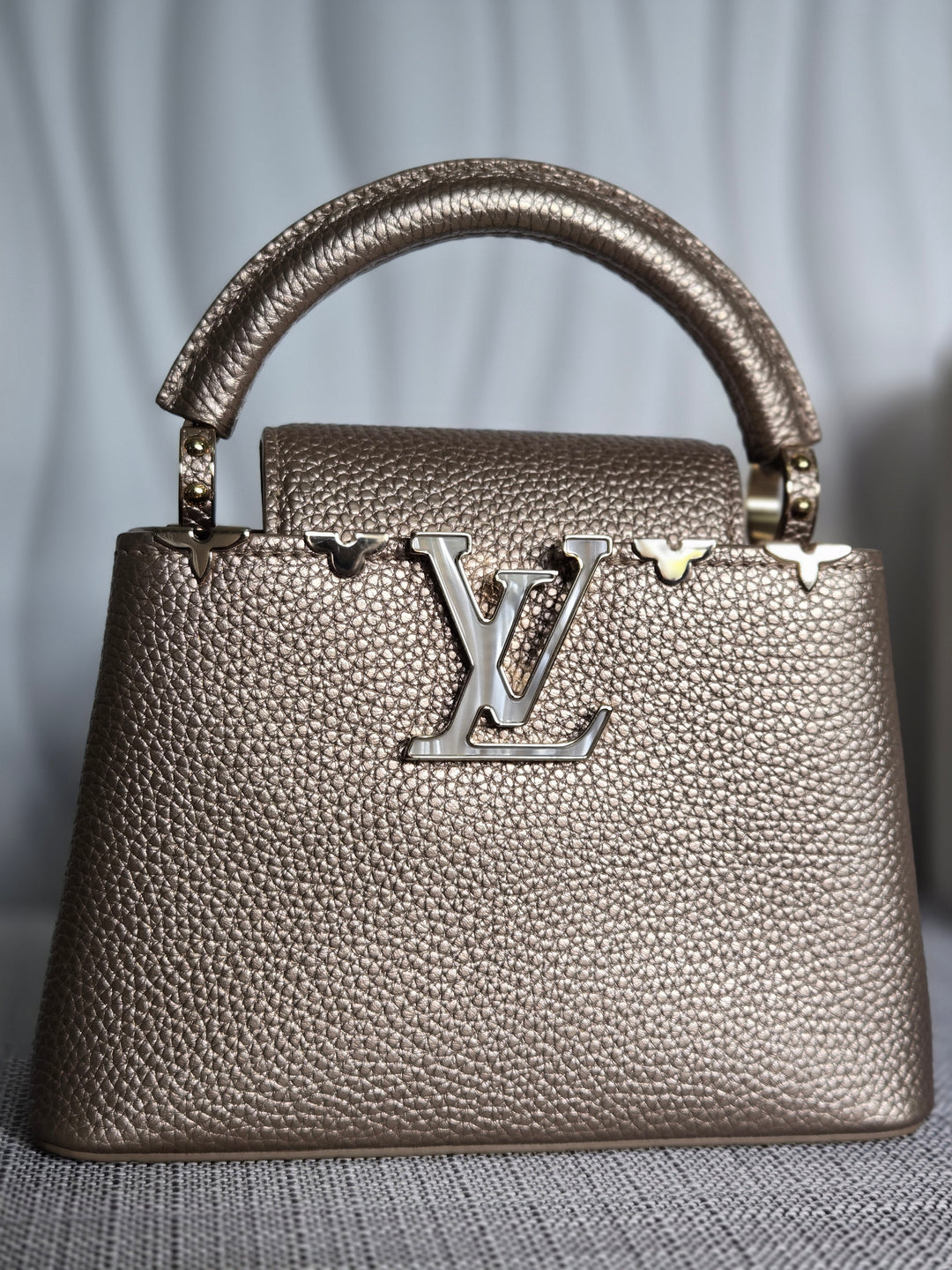 LOUIS VUITTON LV Metallic Taurillon Embellished Flower Crown Mini Capucines in Gold