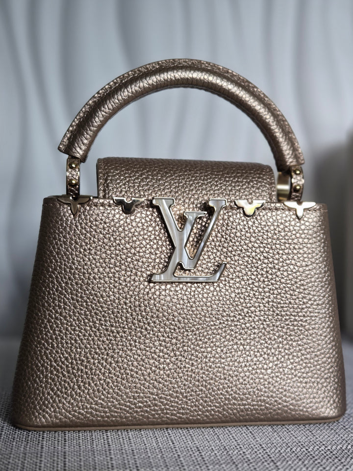 LOUIS VUITTON LV Metallic Taurillon Embellished Flower Crown Mini Capucines in Gold