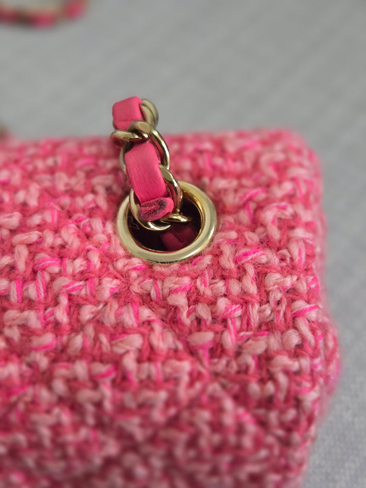 Chanel 22B 2022 Fall/Winter Fuchsia/Light Pink/Dark Pink Tweed Mini Rectangular Flap Bag with Champagne GHW