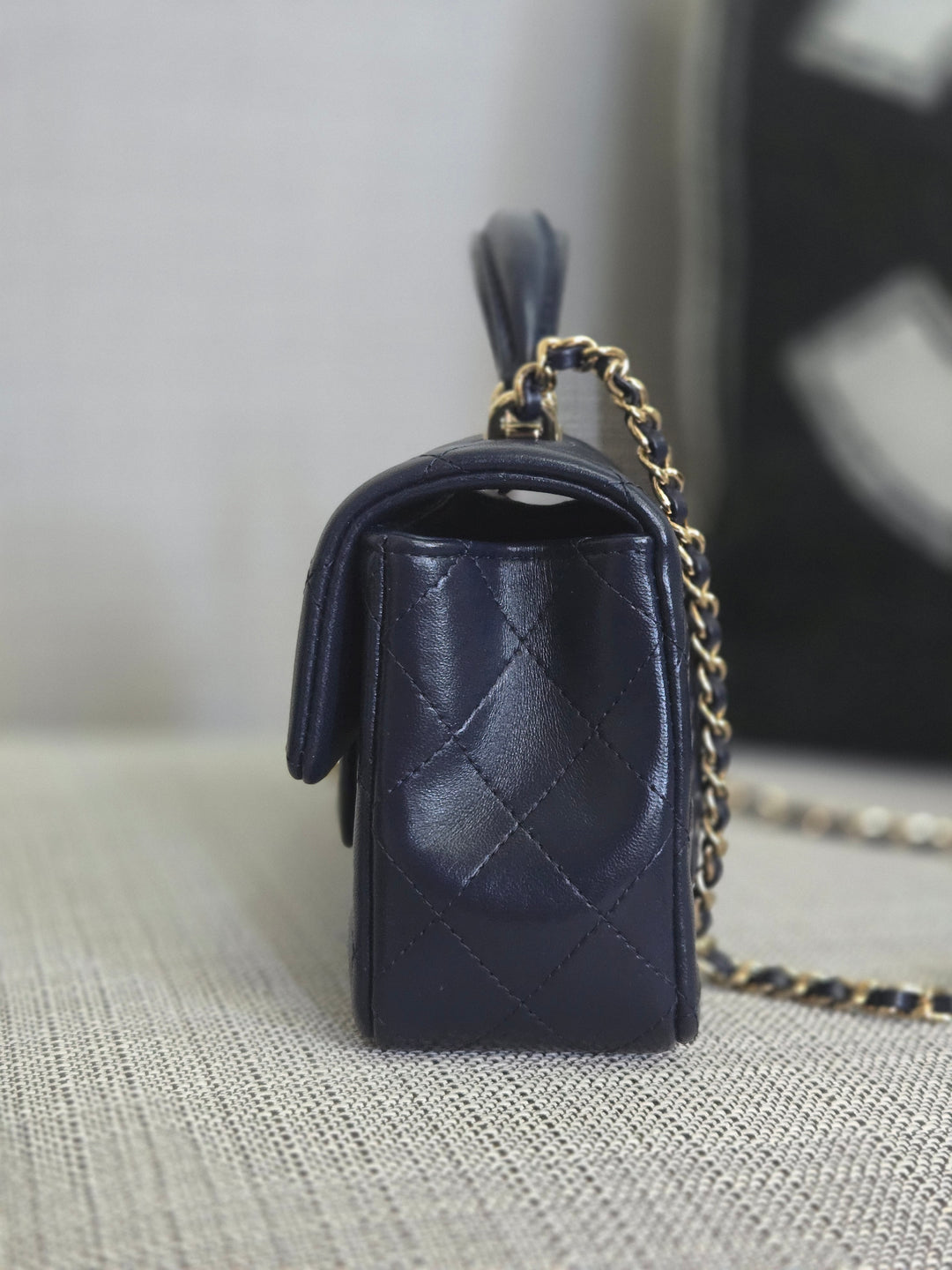 Chanel Navy Lambskin Mini Rectangular Flap Bag with Champagne GHW and Top Handle