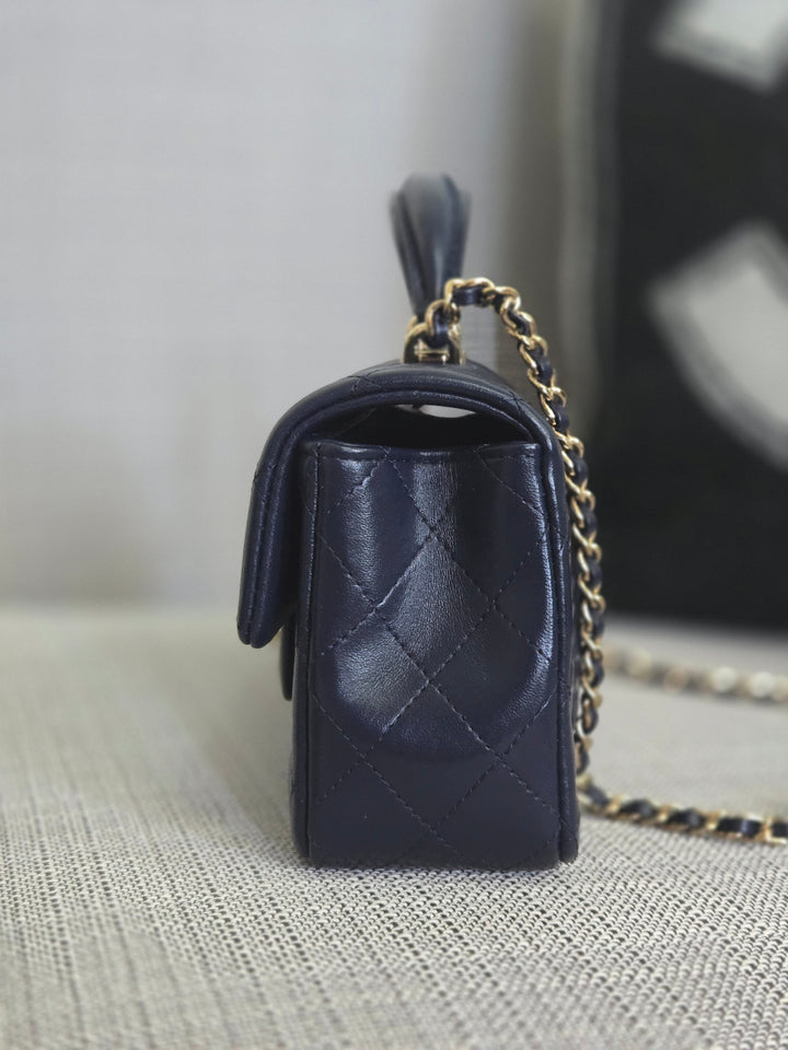 Chanel Navy Lambskin Mini Rectangular Flap Bag with Champagne GHW and Top Handle