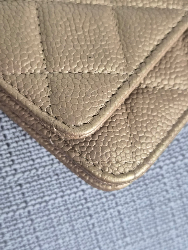 CHANEL series 20 2015 15B collection Gold Caviar Aged GHW Classic Wallet On Chain (WOC)
