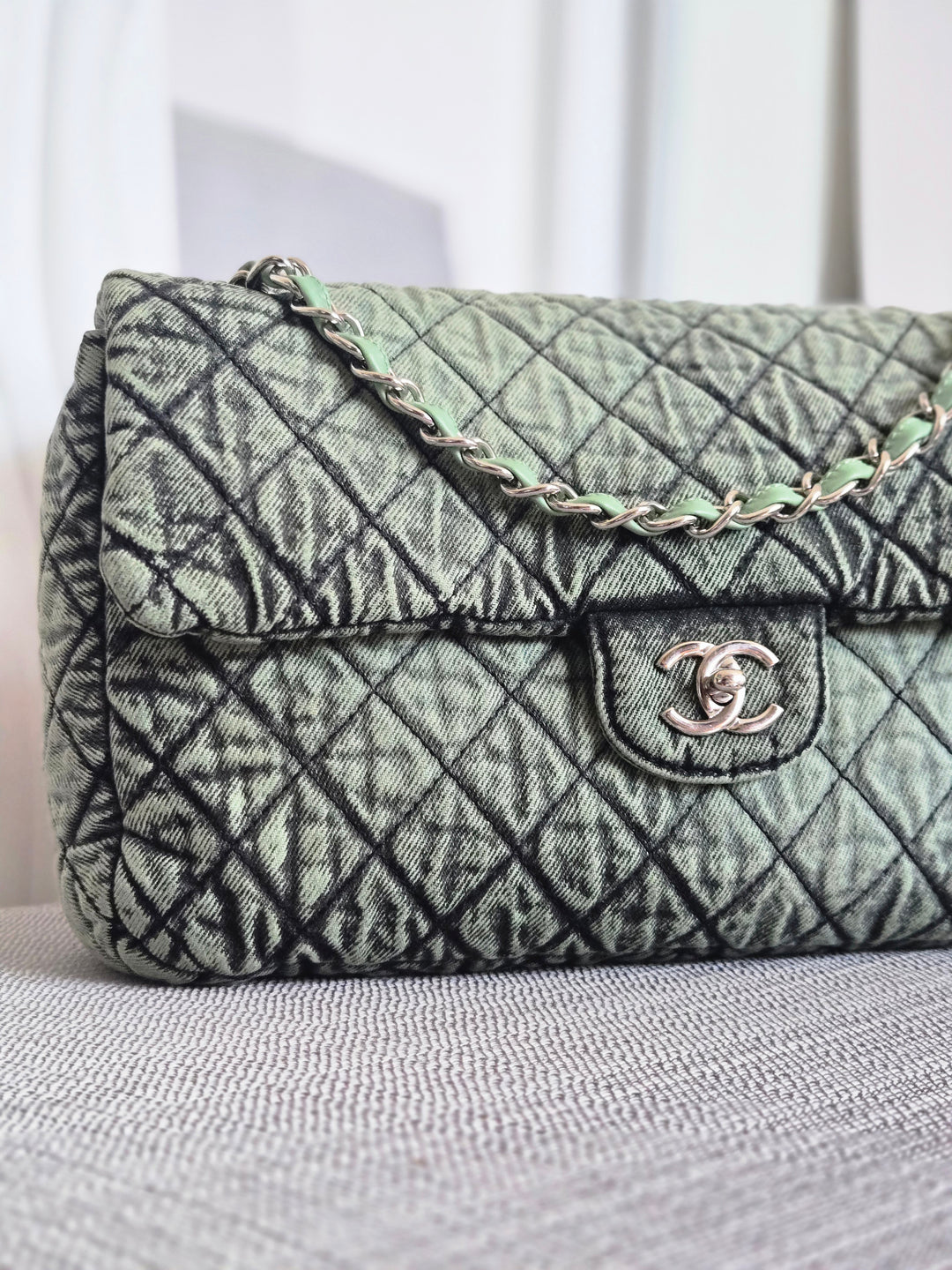 CHANEL Green Denimpression SHW size Jumbo Single Flap Bag