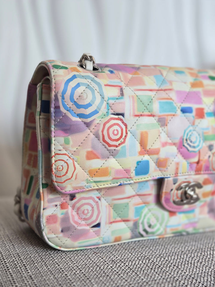 CHANEL Multi Color Rainbow Umbrella print calf skin SHW Medium Classic Double Flap Bag
