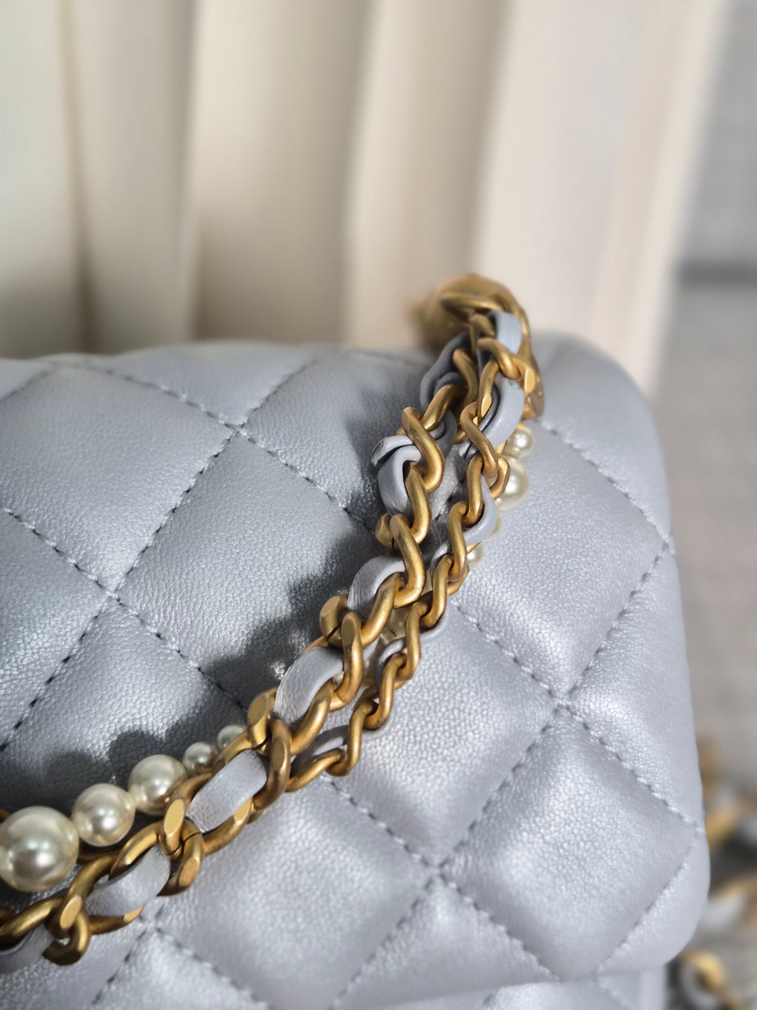 CHANEL Pearl Twist Pearly Silver Light Blue Lambskin Mini Flap Bag