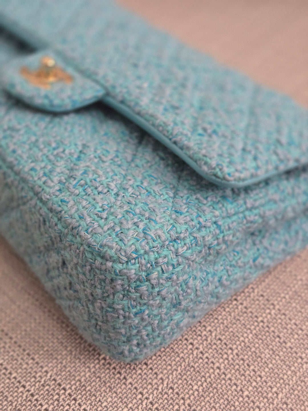 Chanel 22B 2022 Fall/Winter Collection Turquoise Blue Tweed Medium ML Timeless Classic Double Flap Bag with Champagne GHW