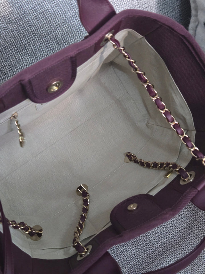 Chanel 24B 2024 Fall/Winter Collection Burgundy Tweed Deauville Tote with Leather top handle size small and Detachable pouch