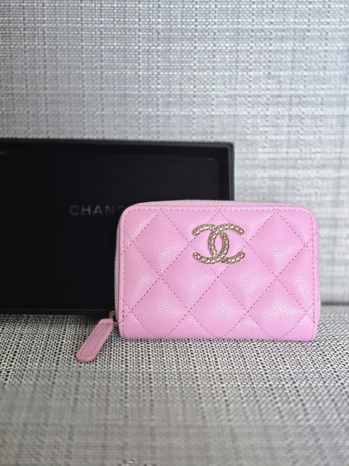 Chanel 23P collection 2023 Mauve undertone Pink Caviar Big Logo LGHW Zippy Coin Purse 2023 with mint green lining