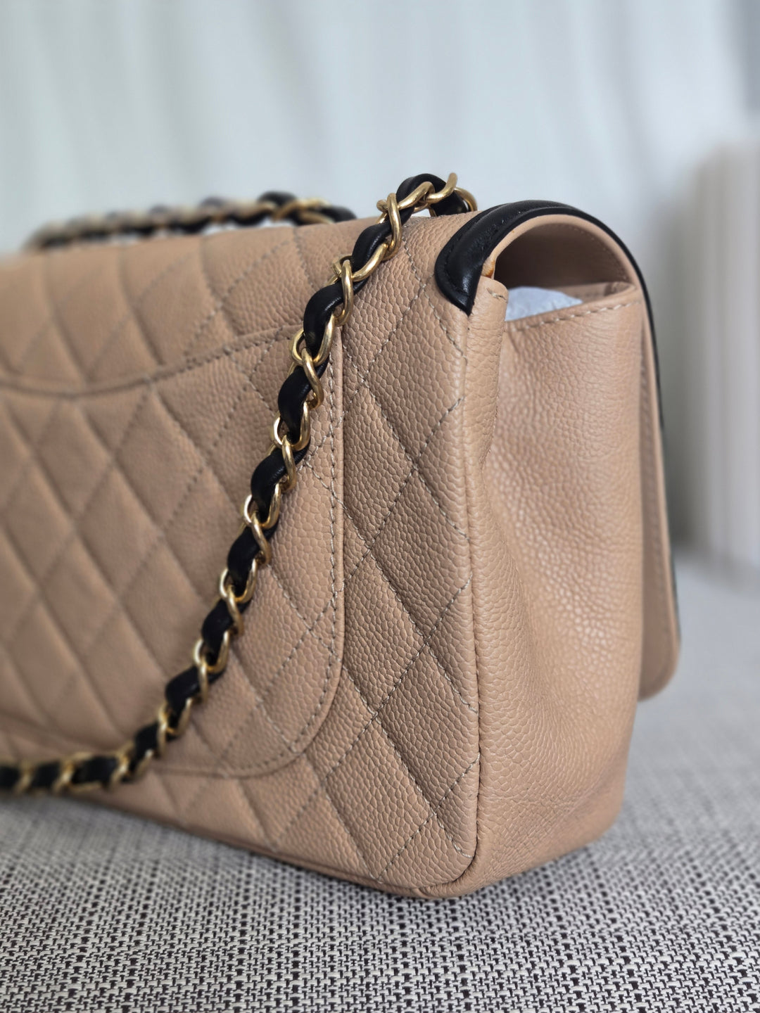CHANEL Beige & Black Filigree Aged GHW Magnetic Closure Flap Bag size Medium 10 inches