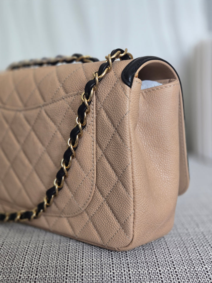 CHANEL Beige & Black Filigree Aged GHW Magnetic Closure Flap Bag size Medium 10 inches