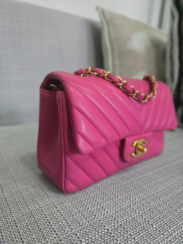 Chanel series 21 Barbie Pink Lambskin Chevron Mini Rectangular Flap Bag with Yellow GHW