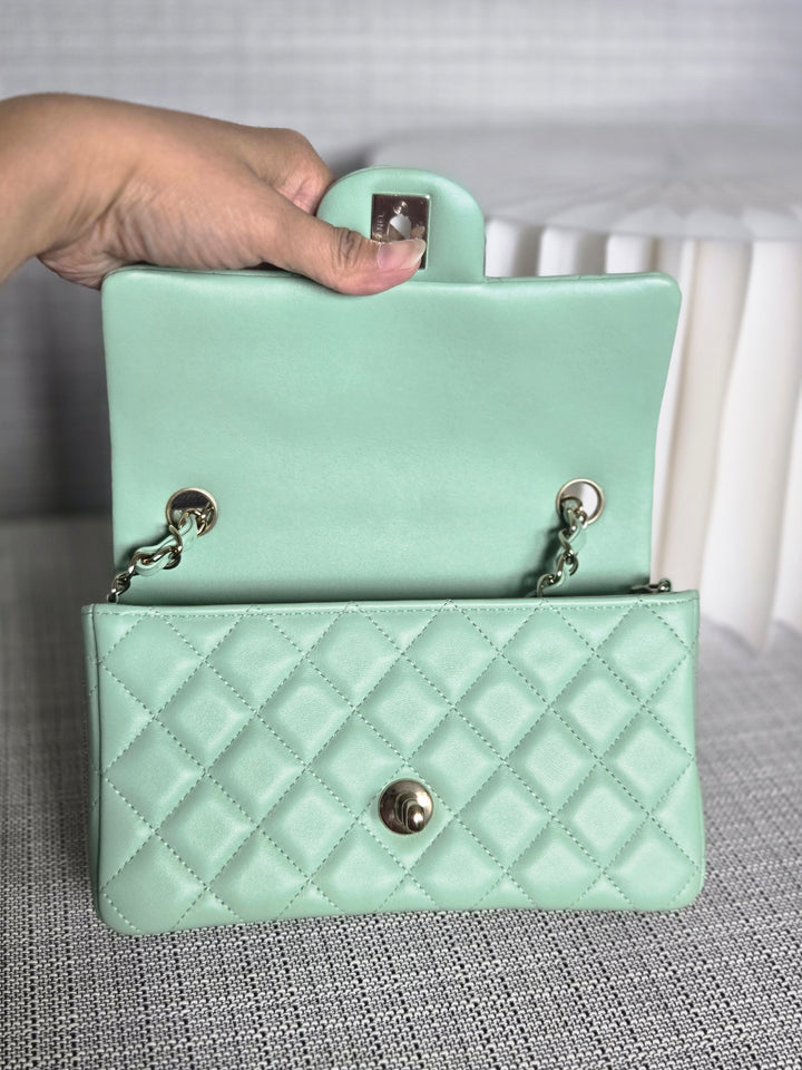 Chanel 24S collection 2024 Pastel Green Lambskin Champagne GHW Classic Mini Rectangular Flap Bag