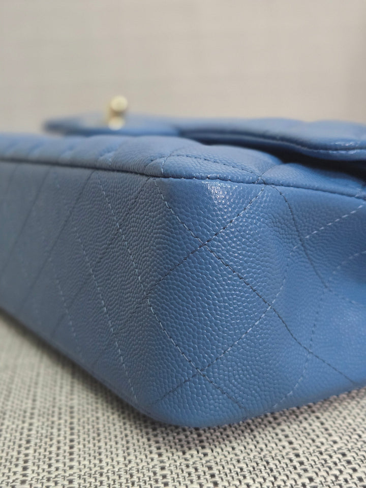 Chanel Series 30 Blue Caviar Medium Timeless Classic Double Flap Bag with Champagne GHW