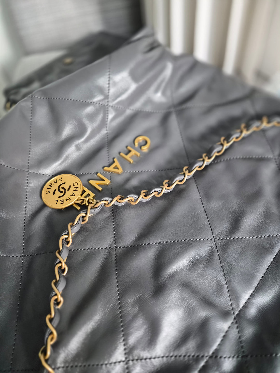 CHANEL 22 size Small in Grey Lambskin aged GHW with detachable pouch