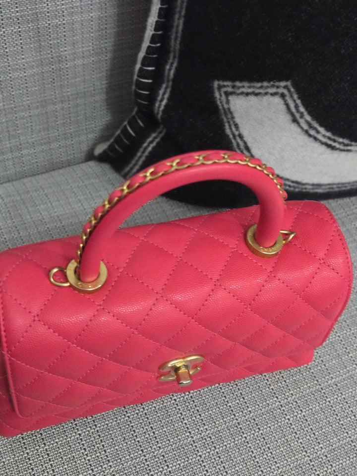 Chanel 23P 2023 Pre Spring/Summer Collection Pink Caviar Aged GHW Coco Handle with Detachable Strap and enchained handle size Small