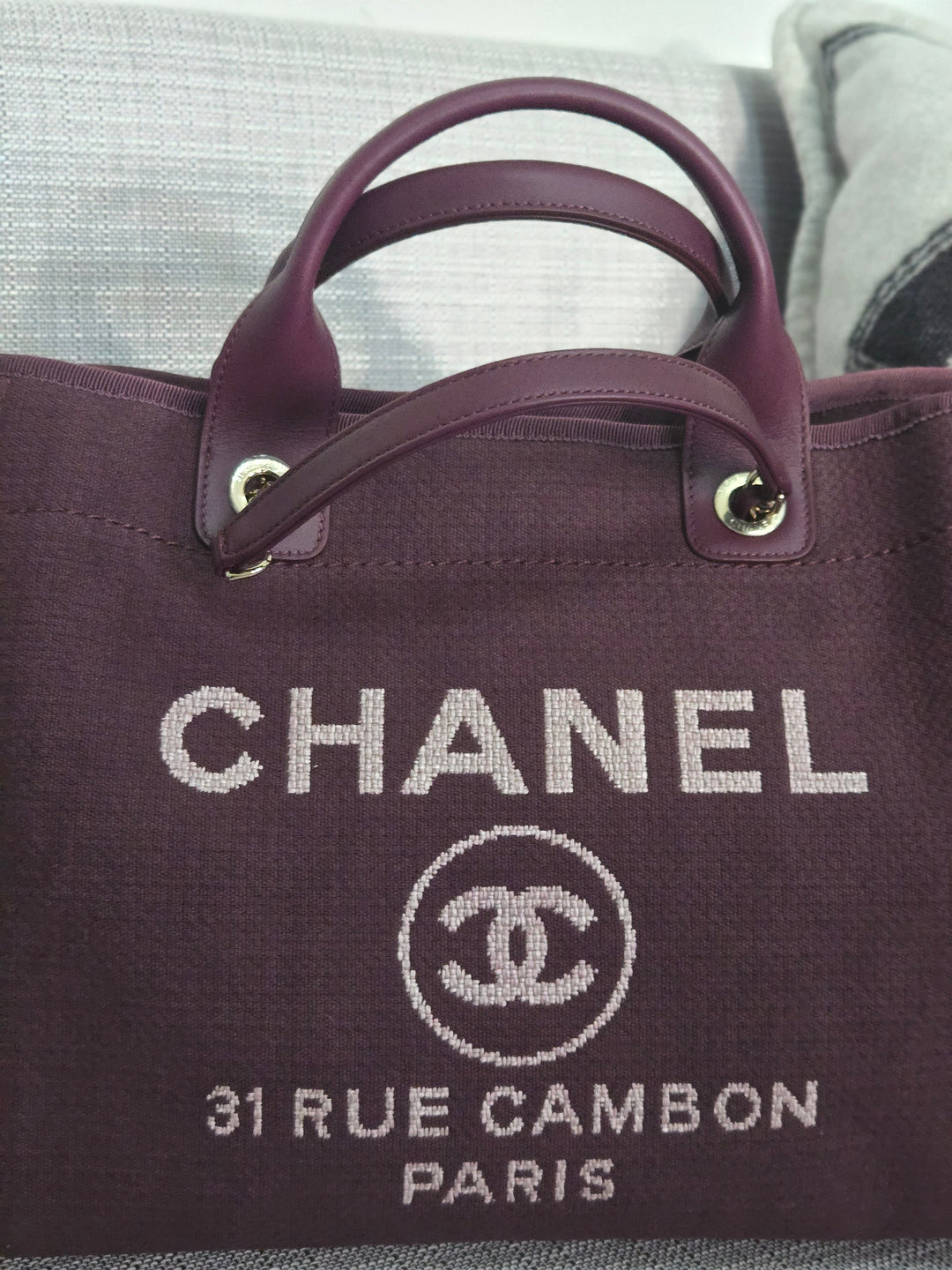 Chanel 24B 2024 Fall/Winter Collection Burgundy Tweed Deauville Tote with Leather top handle size small and Detachable pouch