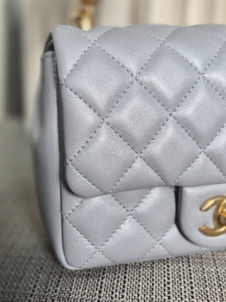 CHANEL Pearl Twist Pearly Silver Light Blue Lambskin Mini Flap Bag