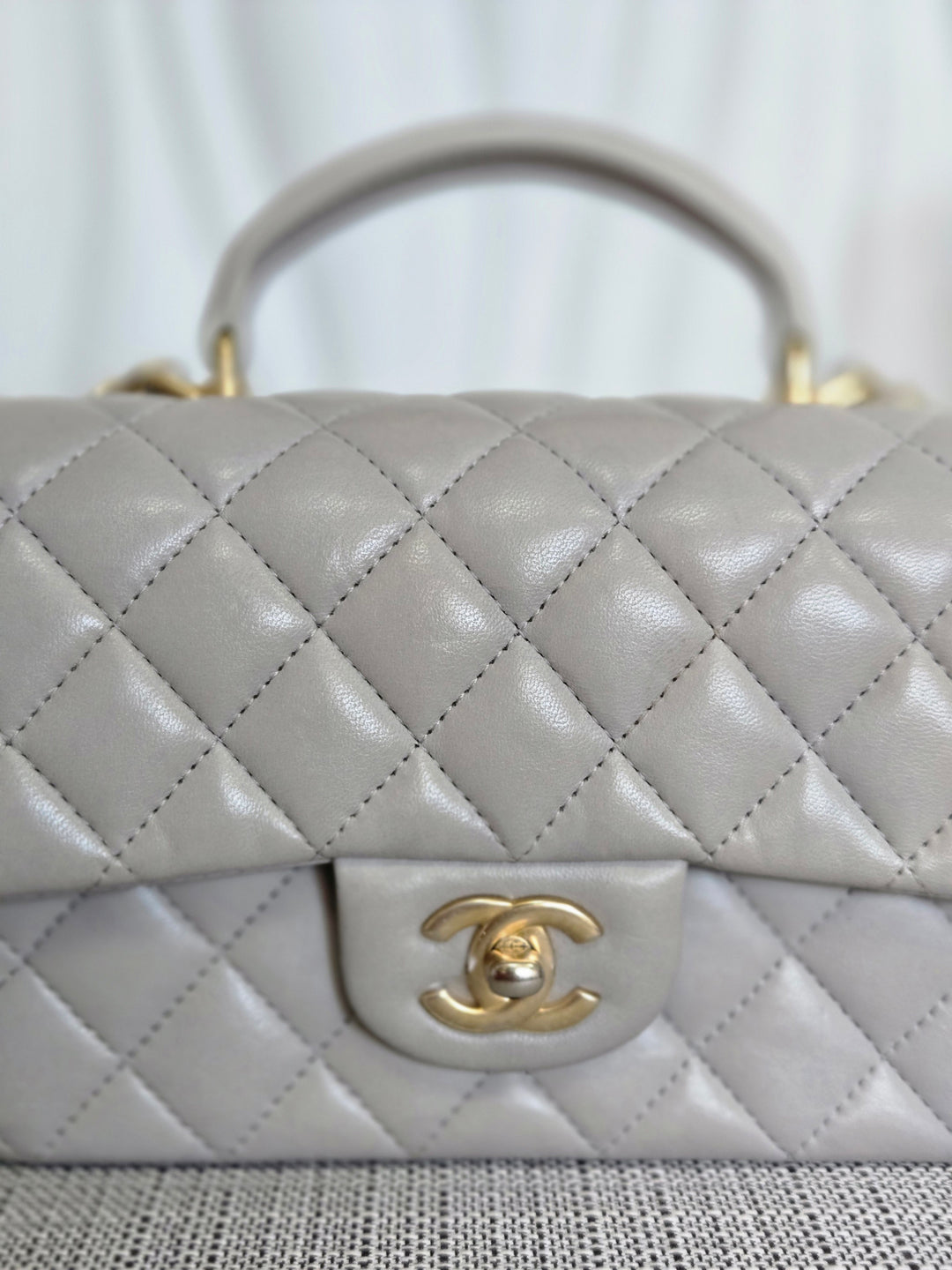 CHANEL 21A light Grey Lambskin Aged GHW Mini Rectangular Flap Bag with Top Handle