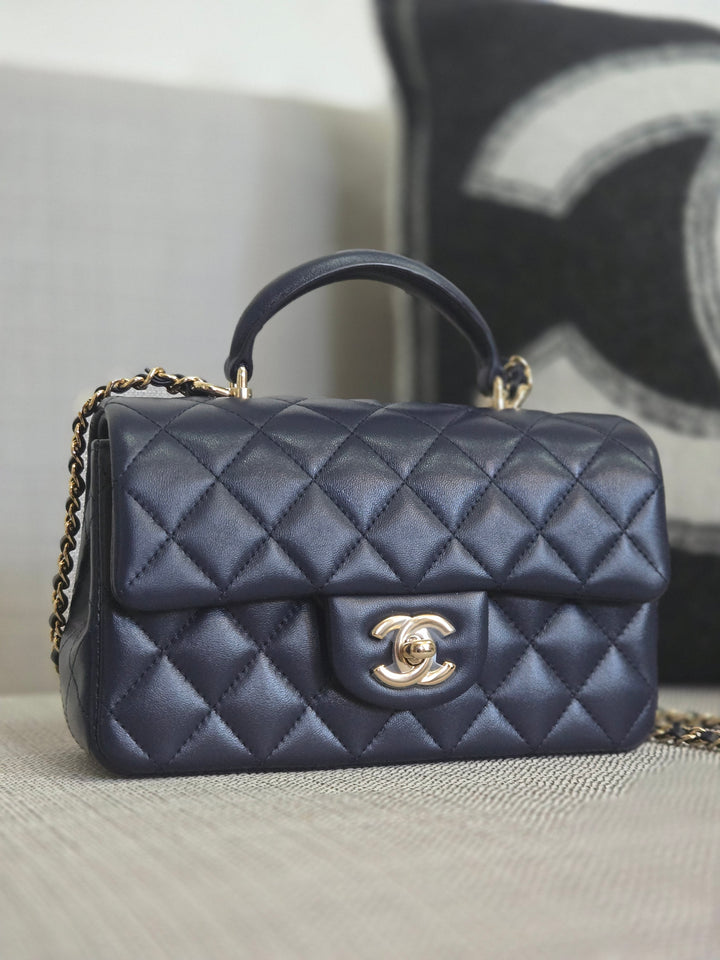 Chanel Navy Lambskin Mini Rectangular Flap Bag with Champagne GHW and Top Handle
