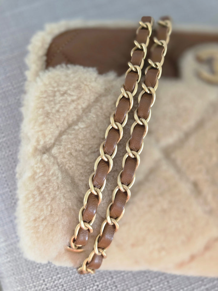 Chanel 24K 2024 Fall/Winter Collection Beige Brown Teddy Shearling MEDIUM flap Bag with Aged GHW