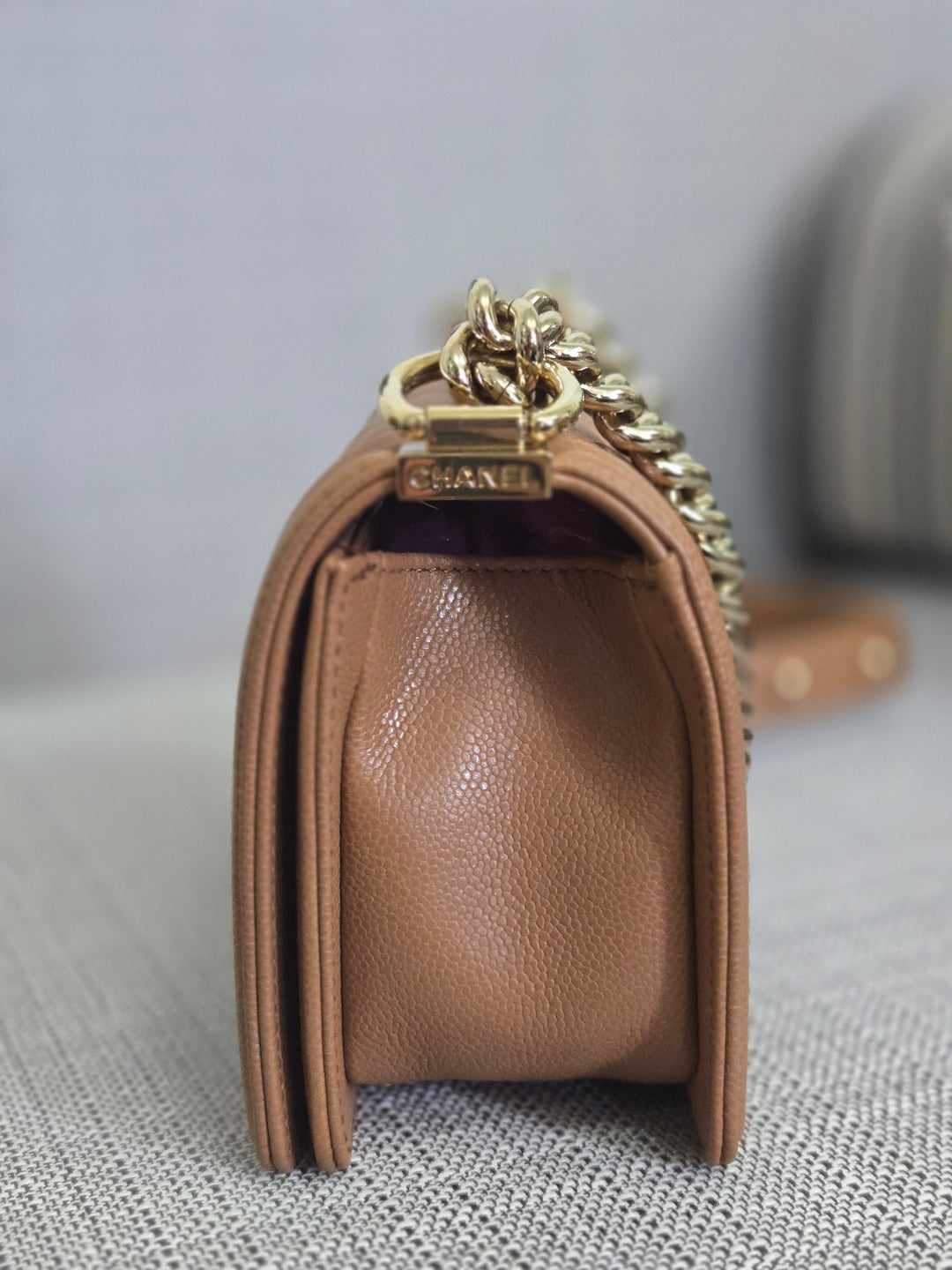Chanel 21K 2021 Fall/Winter Collection Caramel Brown Caviar shiny champagne GHW Small Le Boy Flap Bag