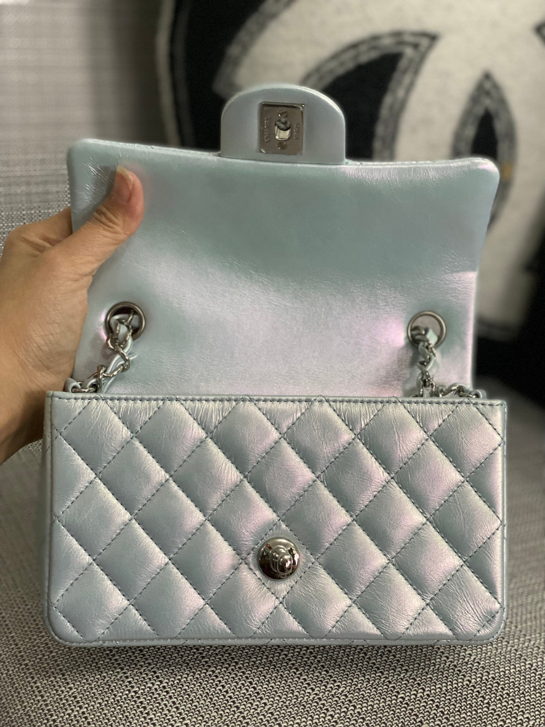Chanel 21K collection 2021 Iridescent Light Blue Calf skin SHW Mini Rectangular Flap Bag