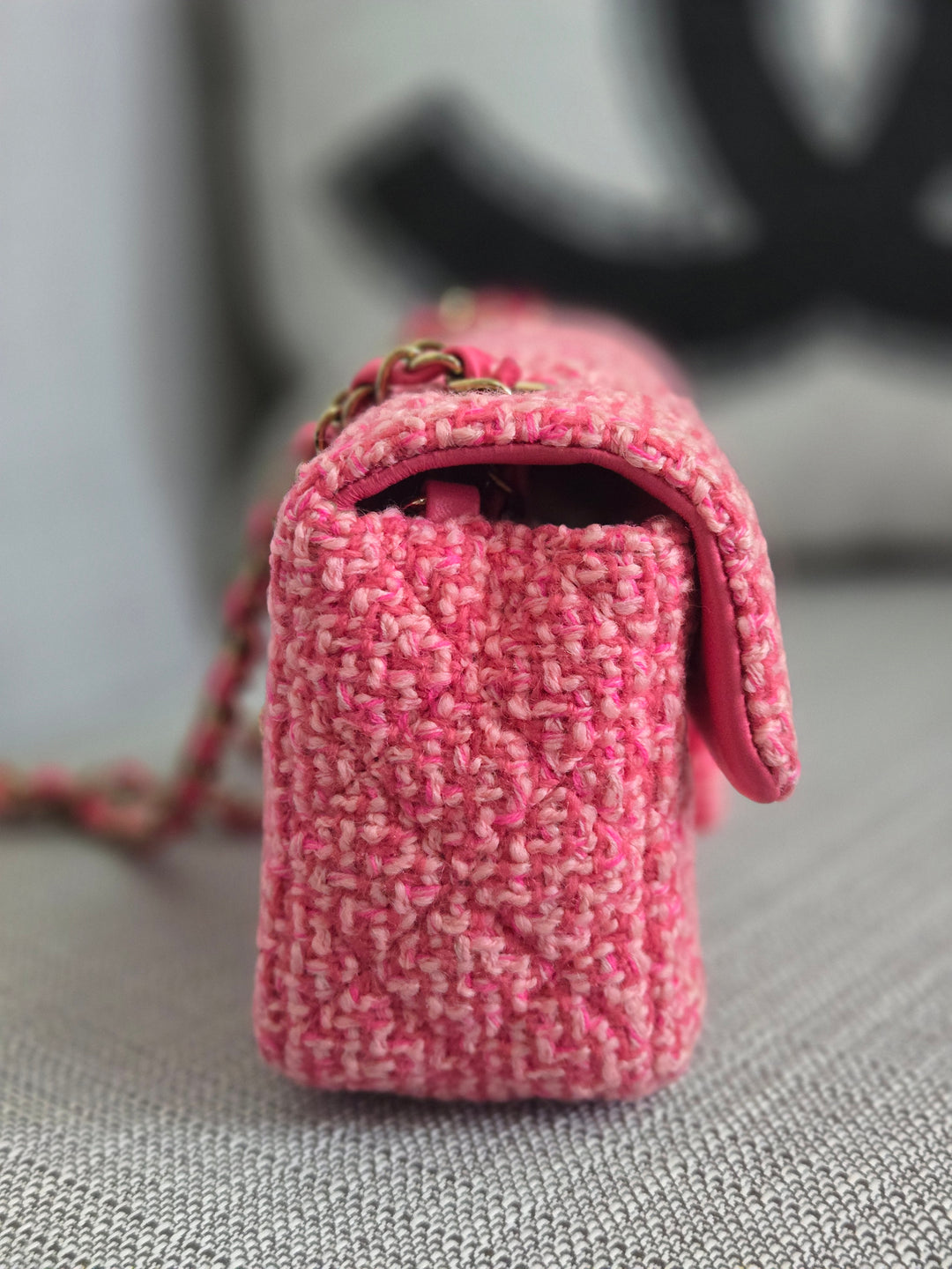 Chanel 22B 2022 Fall/Winter Fuchsia/Light Pink/Dark Pink Tweed Mini Rectangular Flap Bag with Champagne GHW
